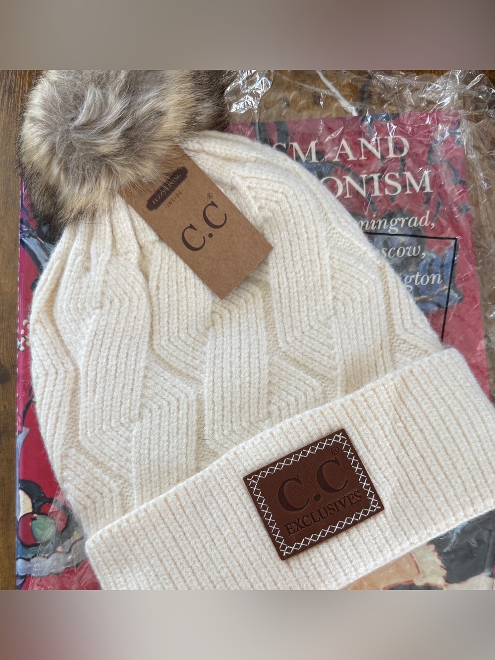 C.C Cream Cable Knit Beanie with Faux Fur Pom and Fleece Lining